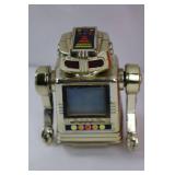 Vintage Chrome Tin Robot Toy with Front Display Screen & 5 Color Indicator Dots