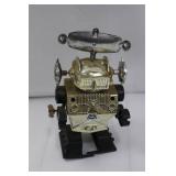 Robot Tin Wind-Up Toy on Display Base - Vintage Space Explorer, 1950s