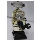 Robot Tin Wind-Up Toy on Display Base - Vintage Space Explorer, 1950s