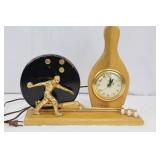 Vintage Desk Clock with Gold-Tone Athlete Figure & Bowling Pins on Wood Base