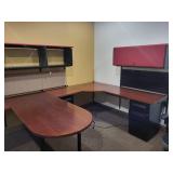 Cherry Colored Wood U-Shape Desk with Herman Miller Action Office Roll-Top Desk Wall Unit 72x96
