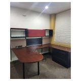 Cherry Colored Wood U-Shape Desk with Herman Miller Action Office Roll-Top Desk Wall Unit and File Cabinet 72x96