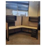 Herman Miller 3-Person Workstation Cubicle 120-Degree Layout with Acoustic Panels & Roll-Top Desk Wall Unit