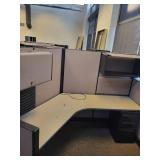 Herman Miller 3-Person Workstation Cubicle 120-Degree Layout with Acoustic Panels & Roll-Top Desk Wall Unit