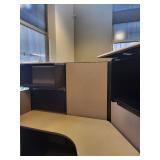 Herman Miller 3-Person Workstation Cubicle 120-Degree Layout with Acoustic Panels & Roll-Top Desk Wall Unit