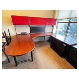 L-Shaped Office Desk with Hutch - Red Overhead Cabinets & Built-In Outlets