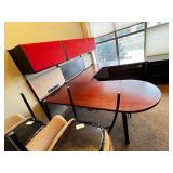 L-Shaped Office Desk with Hutch - Red Overhead Cabinets & Built-In Outlets