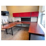 L-Shaped Office Desk with Hutch - Red Overhead Cabinets & Built-In Outlets