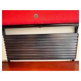 L-Shaped Office Desk with Hutch - Red Overhead Cabinets & Built-In Outlets