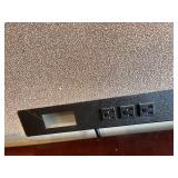 L-Shaped Office Desk with Hutch - Red Overhead Cabinets & Built-In Outlets