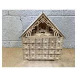 HOMCOM Christmas Advent Calendar, Light Up Manger Scene Tabletop Xmas Wooden House Holiday Decoration with Countdown Drawer, Bible Characters, for kids Adults