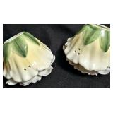 Sad Iron (flat clothing iron) from the 19th Century, Disney Princess set of 4 measuring cups By Rae Dunn, Porcelain Chrysanthemum shape pair of salt and pepper shakers