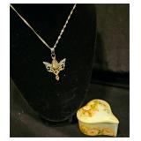 Trinket Box & Jewelery Heart-shaped porcelain box (painted and signed by artist M. Fase, 1980) with a .925 silver chain and pendant