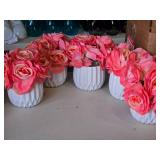 Lot of (5) Silk Faux Rose Boquet Arrangement in White Ceramic Vase (pink)