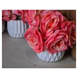 Lot of (5) Silk Faux Rose Boquet Arrangement in White Ceramic Vase (pink)