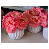Lot of (5) Silk Faux Rose Boquet Arrangement in White Ceramic Vase (pink)