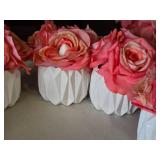 Lot of (6) Silk Faux Rose Boquet Arrangement in White Ceramic Vase (pink)