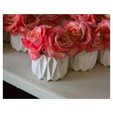 Lot of (6) Silk Faux Rose Boquet Arrangement in White Ceramic Vase (pink)
