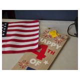 Lot of (10) U.S.A. Flag on Wood Stick and 4th of July Wooden Hanging Sign 7"x35"