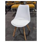Mid-Century Modern Dining Chair with White Plastic Shell Seat , White Faux Leather Cushion and Beech Wood Legs