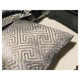 17" Covered Throw Pillow with Velvet Greek Key Cut design (grey/gold)