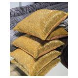 Lot of (5) 12" Sequin Finish Covered Throw Pillow (gold)
