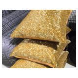Lot of (5) 12" Sequin Finish Covered Throw Pillow (gold)