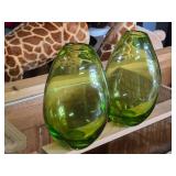 Lot of (2) Handblown Art Glass Table Vases by Holmegaard 6" x 12" (green) (rounded triangle)