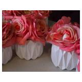 Lot of (5) Silk Faux Rose Boquet Arrangement in White Ceramic Vase (pink)