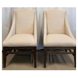 Pair of Beige Upholstered Dining Chairs with Dark Wood Legs & Nailhead Trim