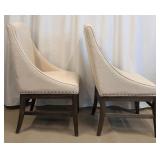 Pair of Beige Upholstered Dining Chairs with Dark Wood Legs & Nailhead Trim