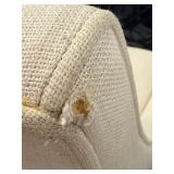 Pair of Beige Upholstered Dining Chairs with Dark Wood Legs & Nailhead Trim