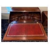 Antique Mahogany Drop-Front Secretary Desk with Leather Writing Surface & Brass Pulls
