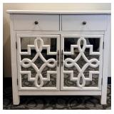White Vintage Console Cabinet with Two Drawers & Mirrored Lattice Doors