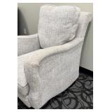 Sam Moore Armchair - Upholstered Gray Textured Fabric, Wood Turned Legs