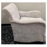 Sam Moore Armchair - Upholstered Gray Textured Fabric, Wood Turned Legs