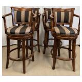 Bar Stools Set of 4 - Vintage Wood with Striped Upholstery