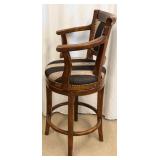 Bar Stools Set of 4 - Vintage Wood with Striped Upholstery