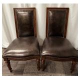 Thomasville Leather Dining Chairs Pair - Nailhead Trim & Carved Wood Legs (Set of 2 - matching lots 64 & 65)