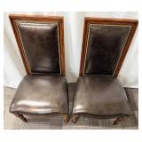 Thomasville Leather Dining Chairs Pair - Nailhead Trim & Carved Wood Legs (Set of 2 - matching lots 64 & 65)