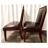 Thomasville Leather Dining Chairs Pair - Nailhead Trim & Carved Wood Legs (Set of 2 - matching lots 64 & 65)