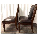 Thomasville Leather Dining Chairs Pair - Nailhead Trim & Carved Wood Legs (Set of 2 - matching lots 63 & 65)