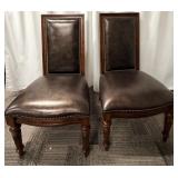 Thomasville Leather Dining Chairs Pair - Nailhead Trim & Carved Wood Legs (Set of 2 - matching lots 63 & 64)
