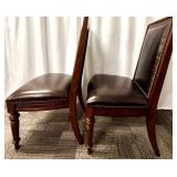 Thomasville Leather Dining Chairs Pair - Nailhead Trim & Carved Wood Legs (Set of 2 - matching lots 63 & 64)
