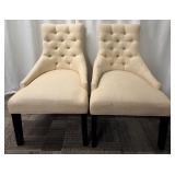 Pair of Tufted Beige Accent Chairs with Nailhead Trim