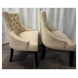 Pair of Tufted Beige Accent Chairs with Nailhead Trim
