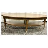 Oval Wood Coffee Table - Mid-Century Modern with Lower Shelf & Casters