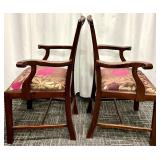 Indonesian Carved Wood Dining Chairs Pair - Floral Upholstery