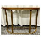 Mid-Century Modern Style Console Table - Oval Wood Veneer Top & Brass Curved Base