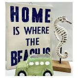 Home Is Where The Beach Is Sign & Seahorse Sculpture & Green Toy Bus
